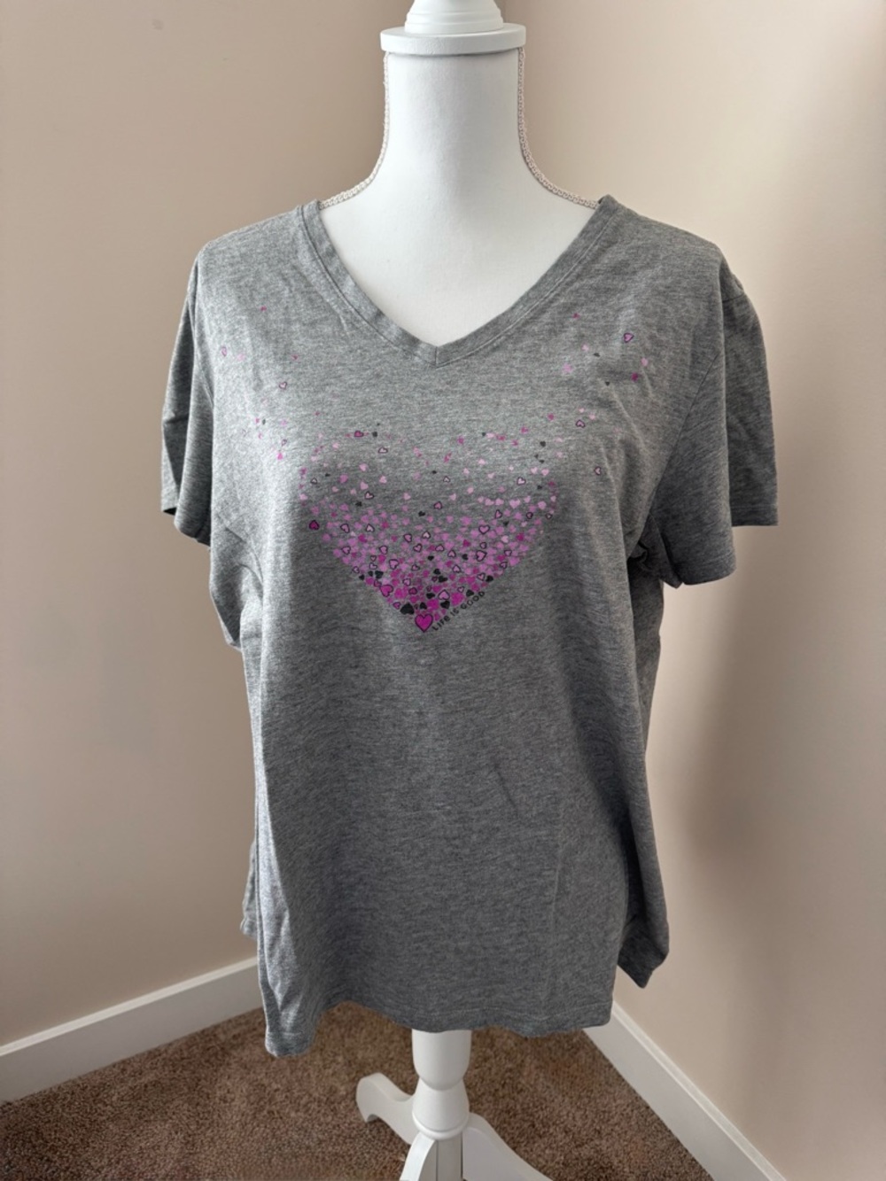 Life Is Good Heather Gray V-Neck Tee with Pink Heart Graphic